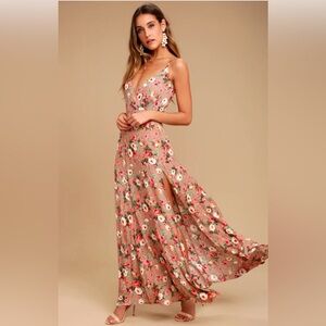 Lulus Everlasting Bliss Blush Floral Print Maxi Dress L NWT